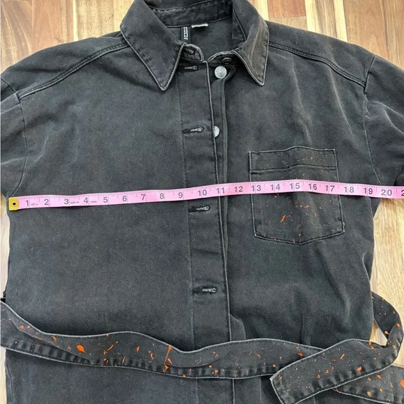 Sz XS Black Denim Long Sleeve Collar Short Dress Orange Paint Belt with Pocket - Picture 7 of 10